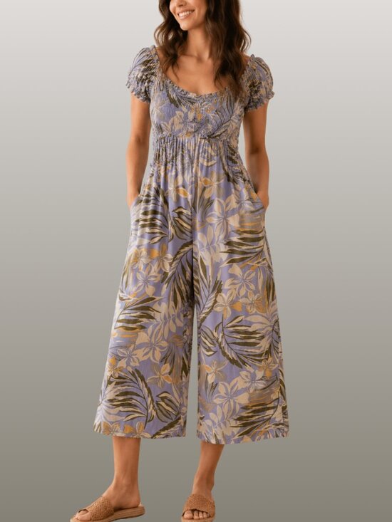 Patrons of Peace Pants - Patrons of Peace Lilac Tropical Palm Print Cropped Wide Leg Jumpsuit M Resort